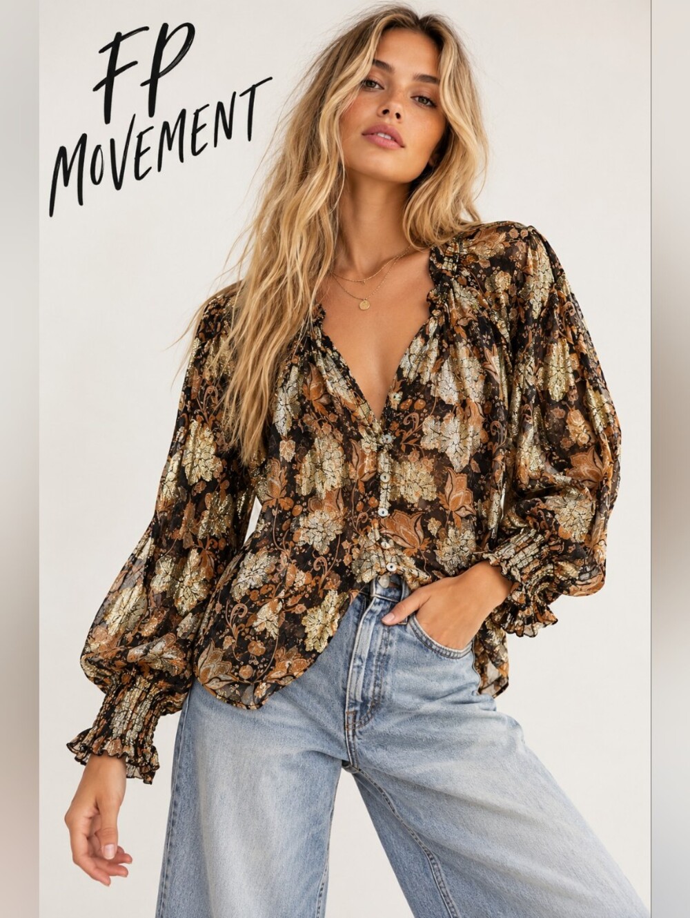 FP Movement Metallic Floral Sheer Blouse Black Gold Size XL